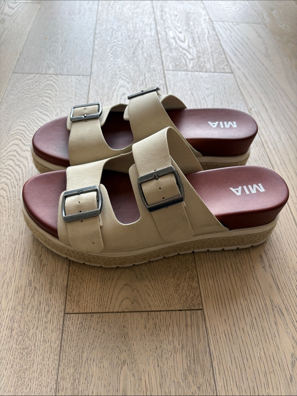 MIA Beige Double-Buckle Platform Slide Sandals Size 8.5